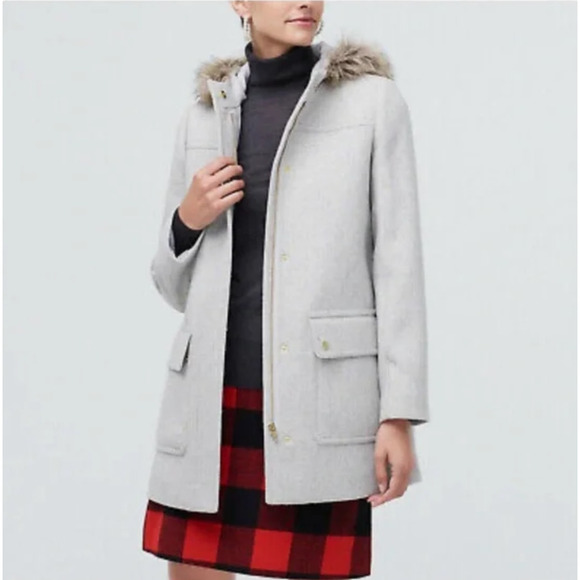 J.CREW Vail Faux Fur Parka Coat Size 2 Hooded Peacoat Grey Classic Preppy Twee - Picture 3 of 11